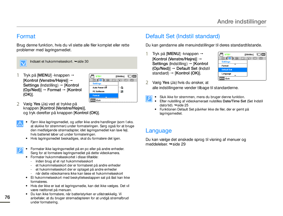 Samsung SMX-F70BP/EDC manual Format, Default Set Indstil standard, Language 