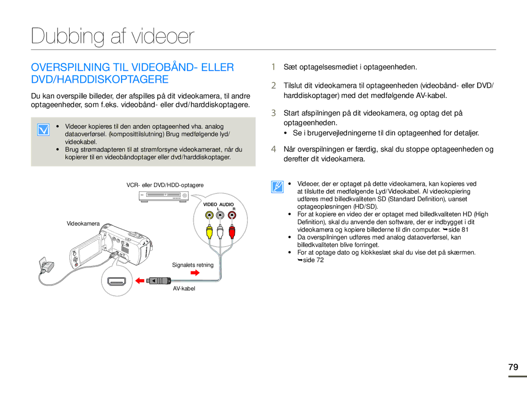 Samsung SMX-F70BP/EDC manual Dubbing af videoer, Overspilning TIL VIDEOBÅND- Eller DVD/HARDDISKOPTAGERE 