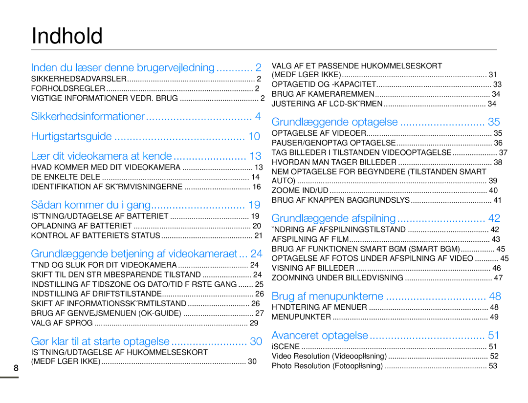 Samsung SMX-F70BP/EDC manual Indhold, Grundlæggende betjening af videokameraet 