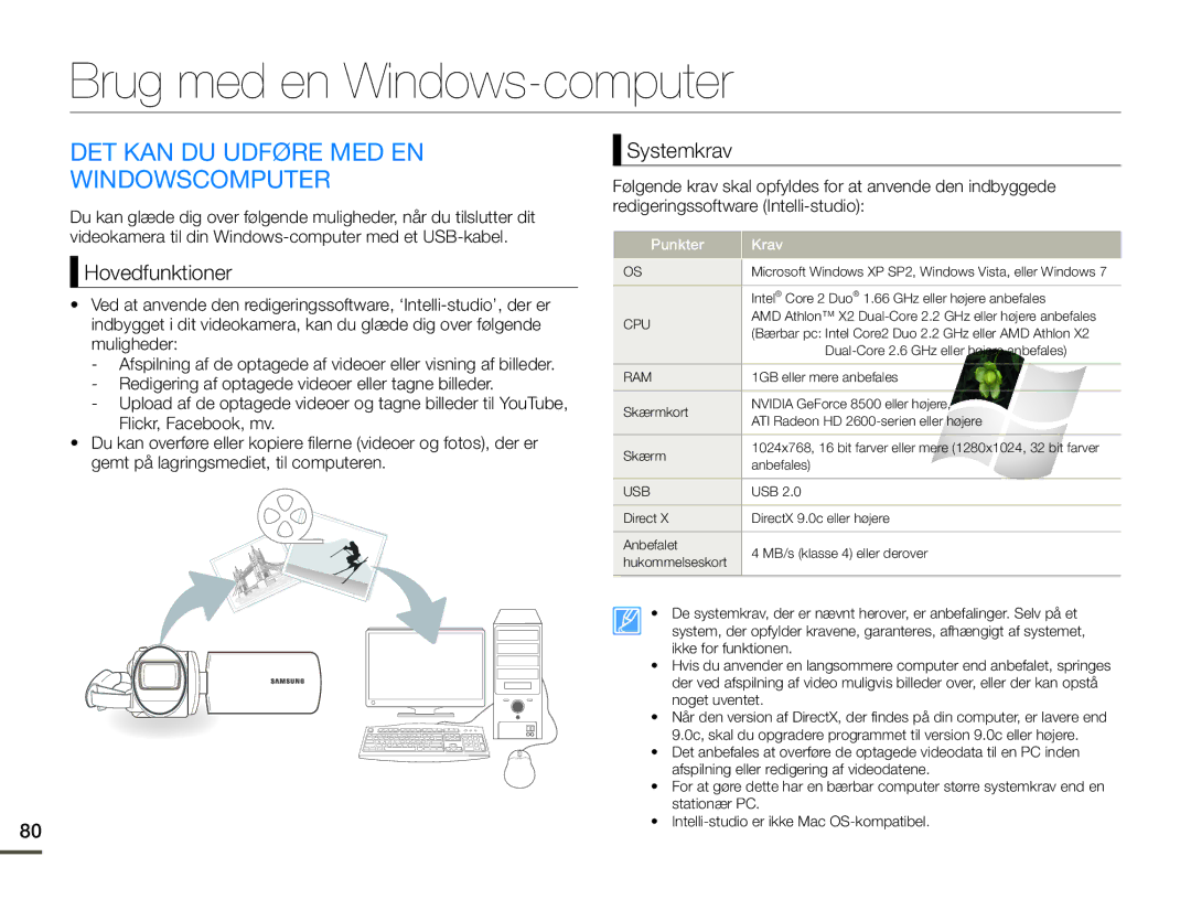 Samsung SMX-F70BP/EDC Brug med en Windows-computer, DET KAN DU Udføre MED EN Windowscomputer, Hovedfunktioner, Systemkrav 