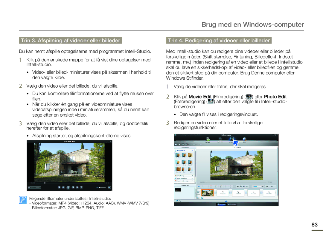 Samsung SMX-F70BP/EDC manual Trin 3. Afspilning af videoer eller billeder, Trin 4. Redigering af videoer eller billeder 