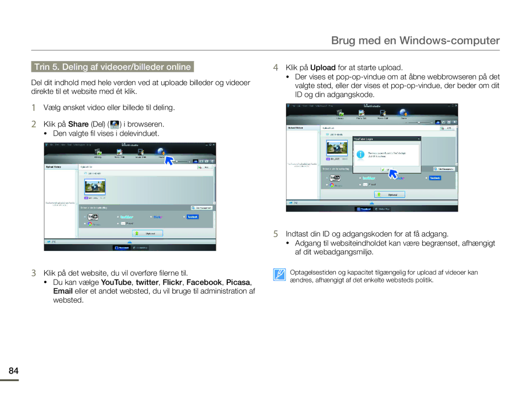 Samsung SMX-F70BP/EDC manual Trin 5. Deling af videoer/billeder online 