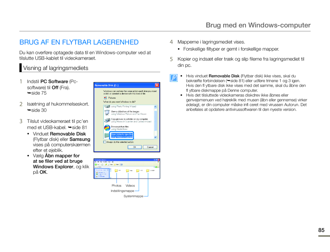 Samsung SMX-F70BP/EDC manual Brug AF EN Flytbar Lagerenhed, Visning af lagringsmediets 