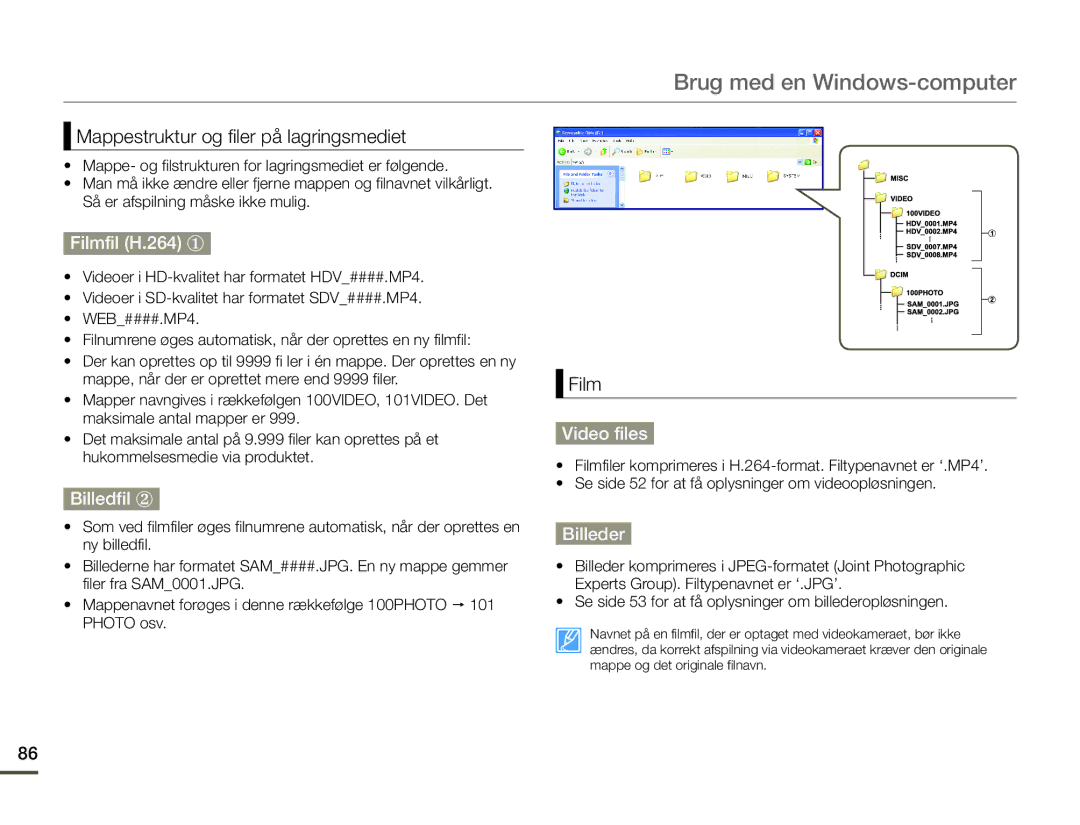 Samsung SMX-F70BP/EDC manual Filmfil H.264 ①, Billedfil ②, Video files, Billeder 