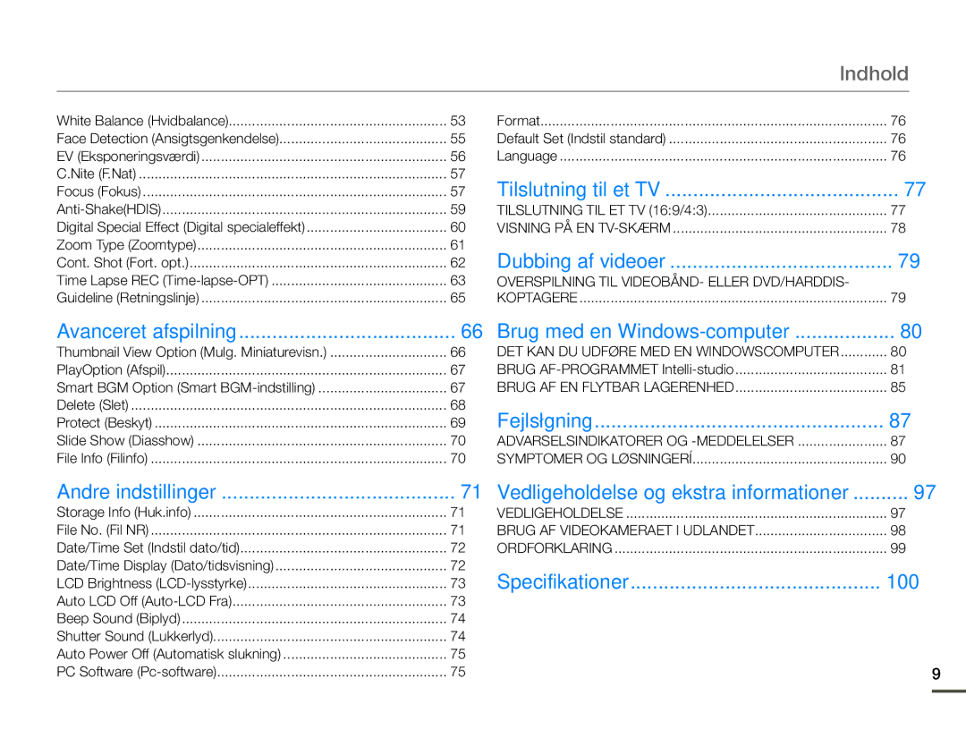 Samsung SMX-F70BP/EDC manual Indhold, Tilslutning til et TV 