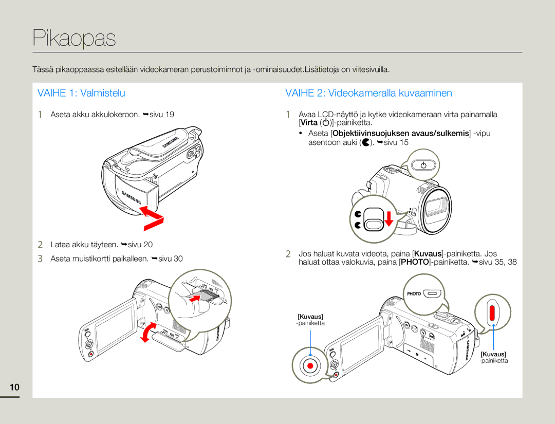 Samsung SMX-F70BP/EDC manual Pikaopas, Aseta akku akkulokeroon. ¬sivu, Virta -painiketta, Asentoon auki . ¬sivu 