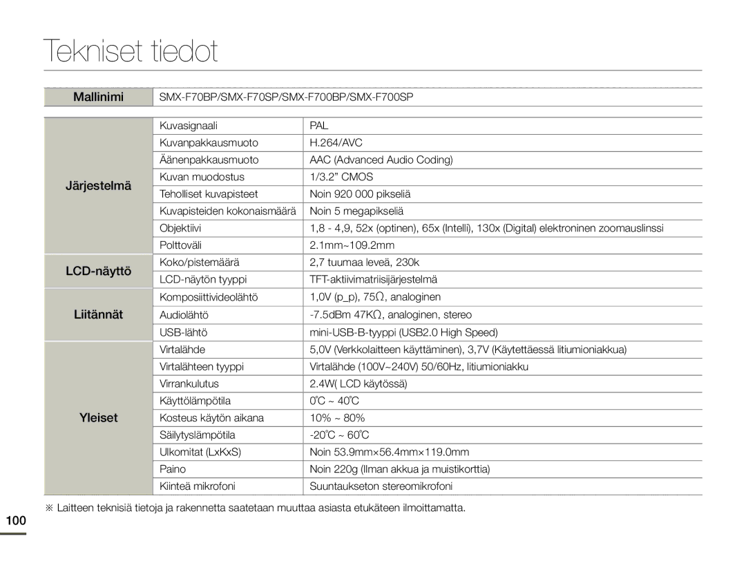 Samsung SMX-F70BP/EDC manual Tekniset tiedot, Mallinimi, Järjestelmä LCD-näyttö Liitännät Yleiset, 100 