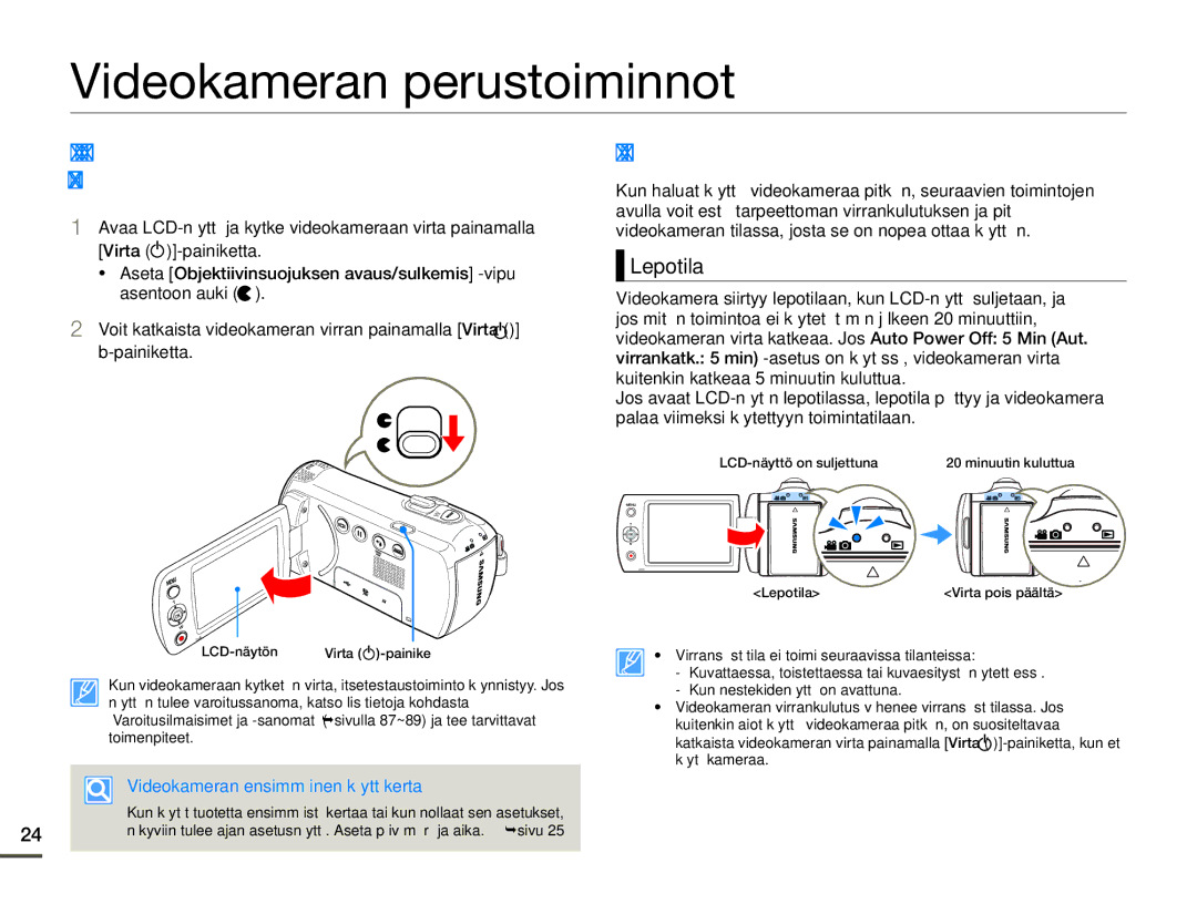 Samsung SMX-F70BP/EDC manual Videokameran perustoiminnot, Videokameran Virran KYTKEMINEN/ Sammuttaminen, Lepotila 