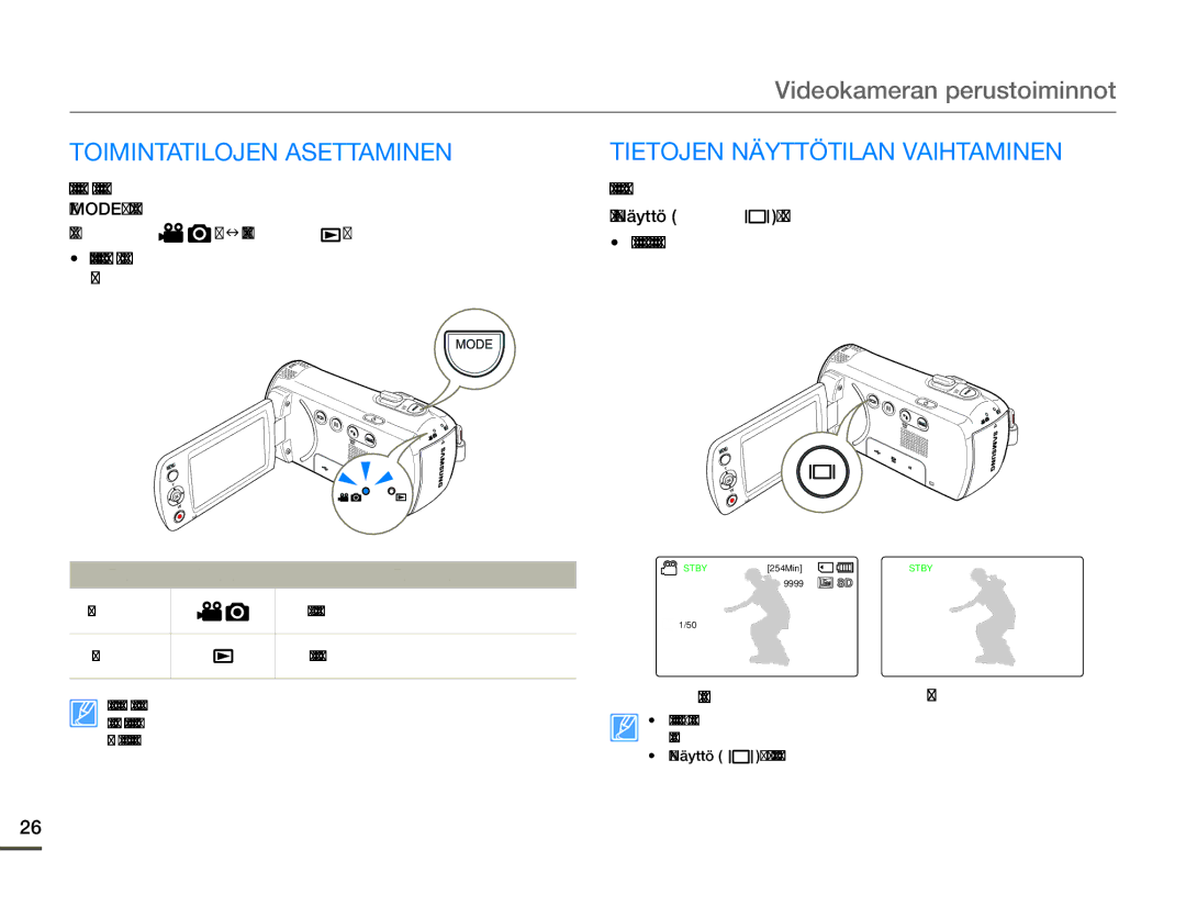 Samsung SMX-F70BP/EDC manual Toimintatilojen Asettaminen, Tietojen Näyttötilan Vaihtaminen, Täydet tiedot Minimitiedot 