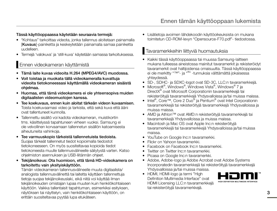 Samsung SMX-F70BP/EDC manual Ennen tämän käyttöoppaan lukemista, Ennen videokameran käyttämistä 