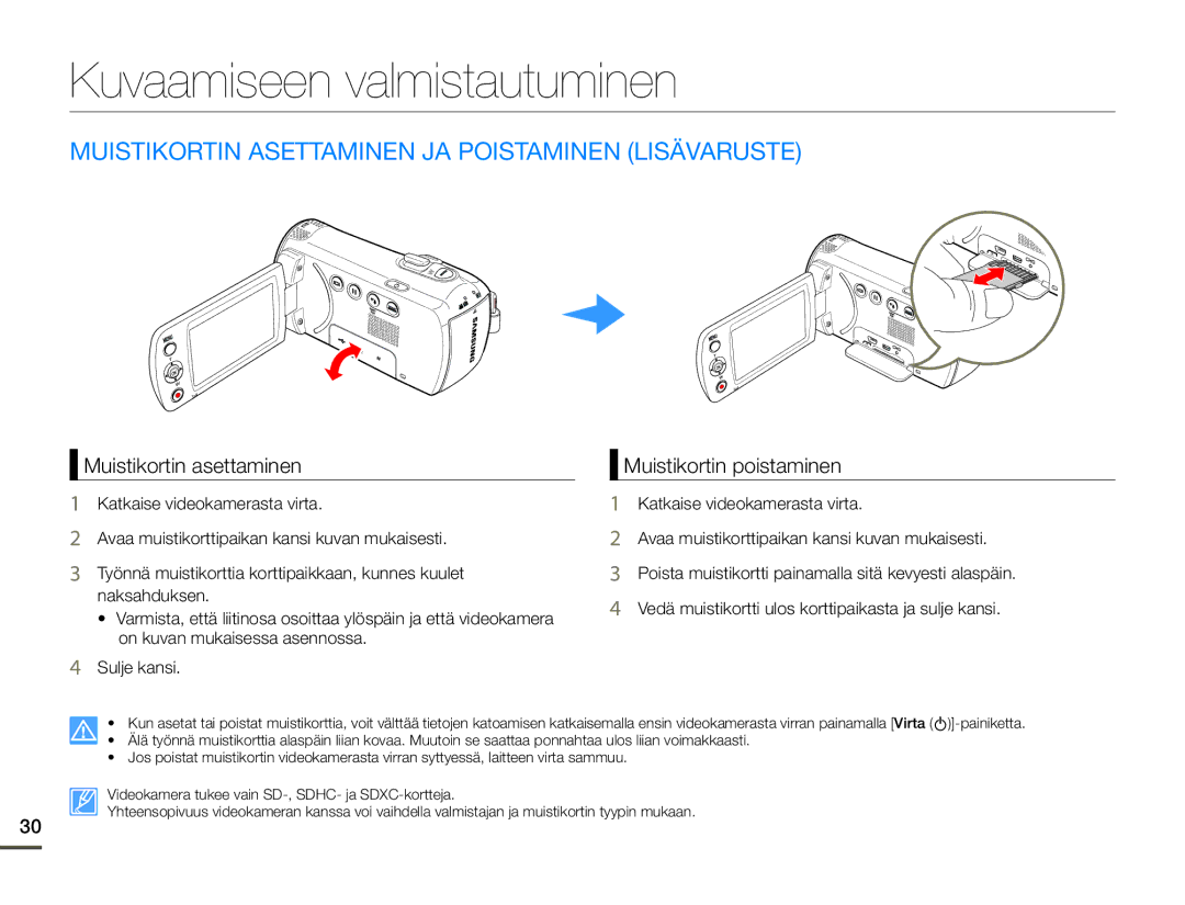 Samsung SMX-F70BP/EDC manual Kuvaamiseen valmistautuminen, Muistikortin Asettaminen JA Poistaminen Lisävaruste 