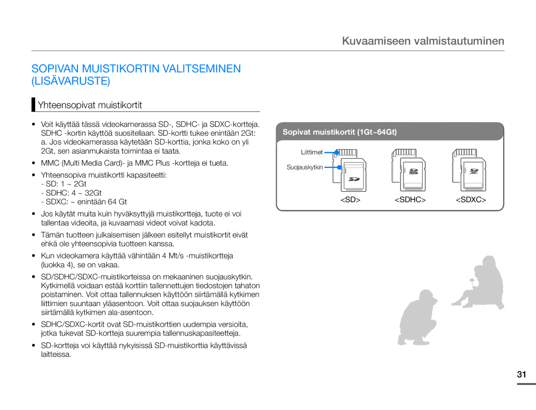 Samsung SMX-F70BP/EDC manual Kuvaamiseen valmistautuminen, Sopivan Muistikortin Valitseminen Lisävaruste 