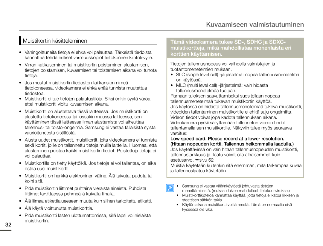 Samsung SMX-F70BP/EDC manual Muistikortin käsitteleminen 