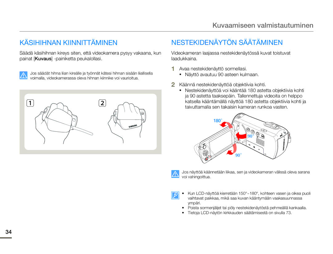 Samsung SMX-F70BP/EDC manual Käsihihnan Kiinnittäminen, Nestekidenäytön Säätäminen 