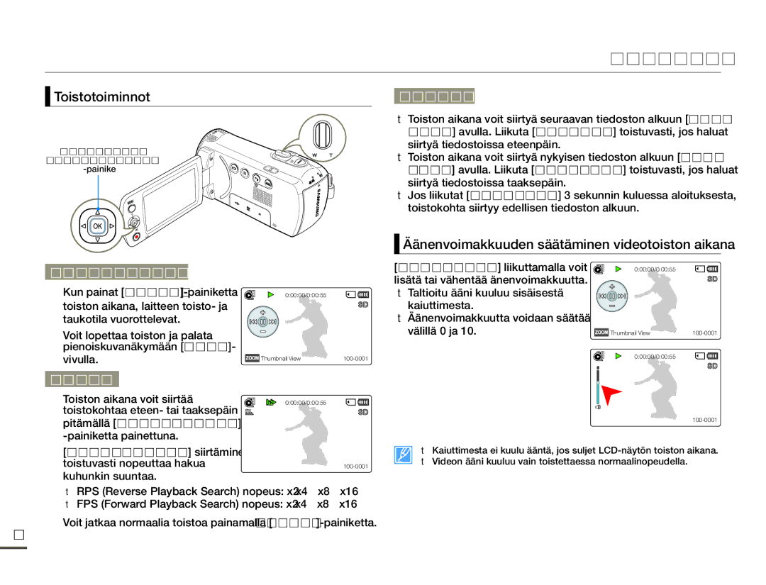 Samsung SMX-F70BP/EDC manual Toistotoiminnot, Ohitustoisto, Äänenvoimakkuuden säätäminen videotoiston aikana, Toistohaku 