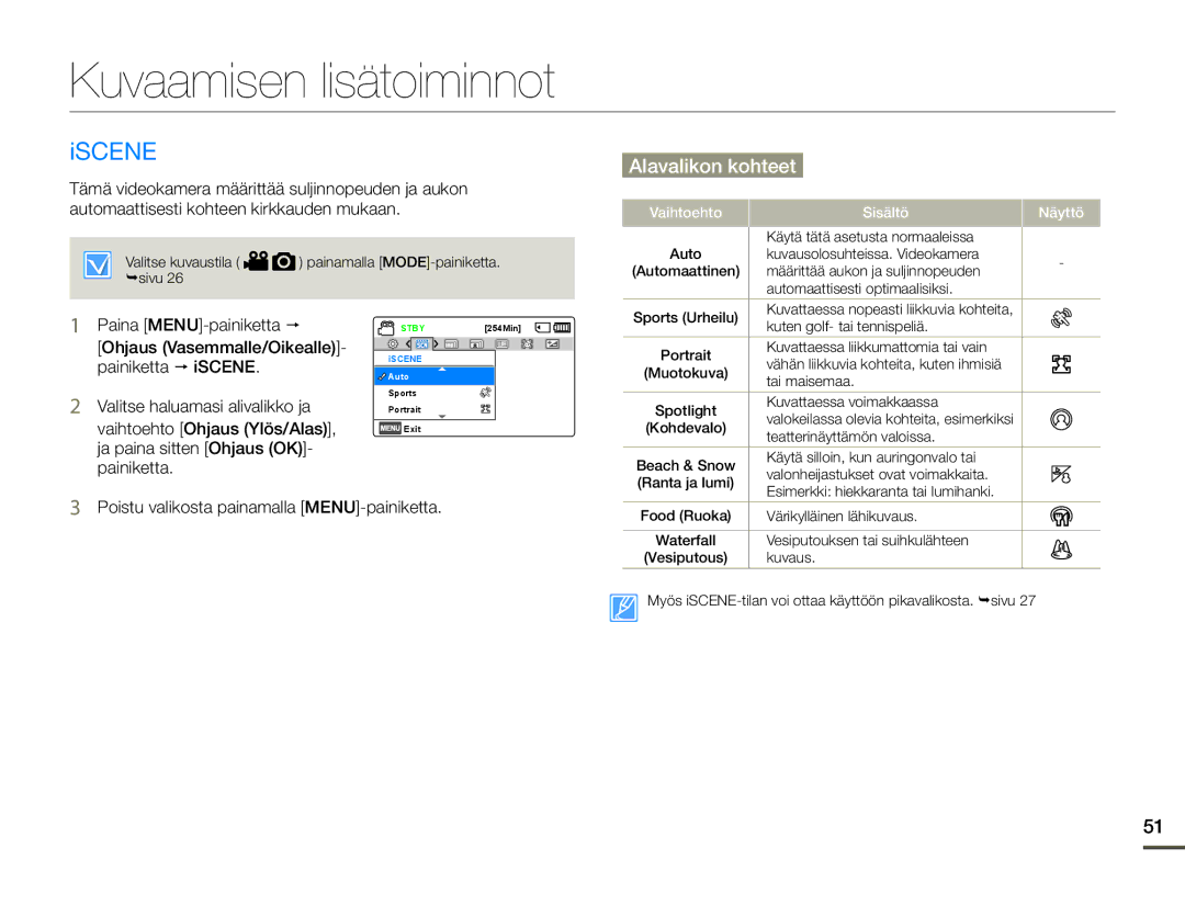 Samsung SMX-F70BP/EDC manual Kuvaamisen lisätoiminnot, Iscene, Poistu valikosta painamalla MENU-painiketta 