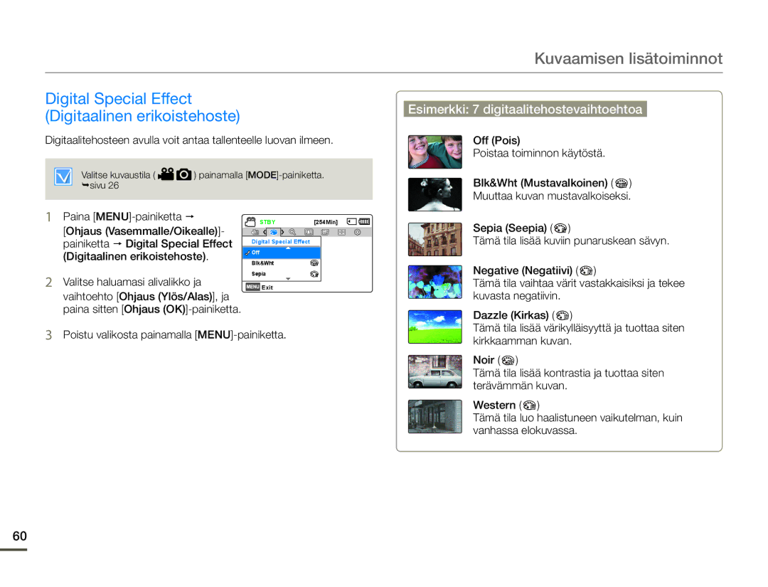 Samsung SMX-F70BP/EDC manual Digital Special Effect Digitaalinen erikoistehoste, Esimerkki 7 digitaalitehostevaihtoehtoa 