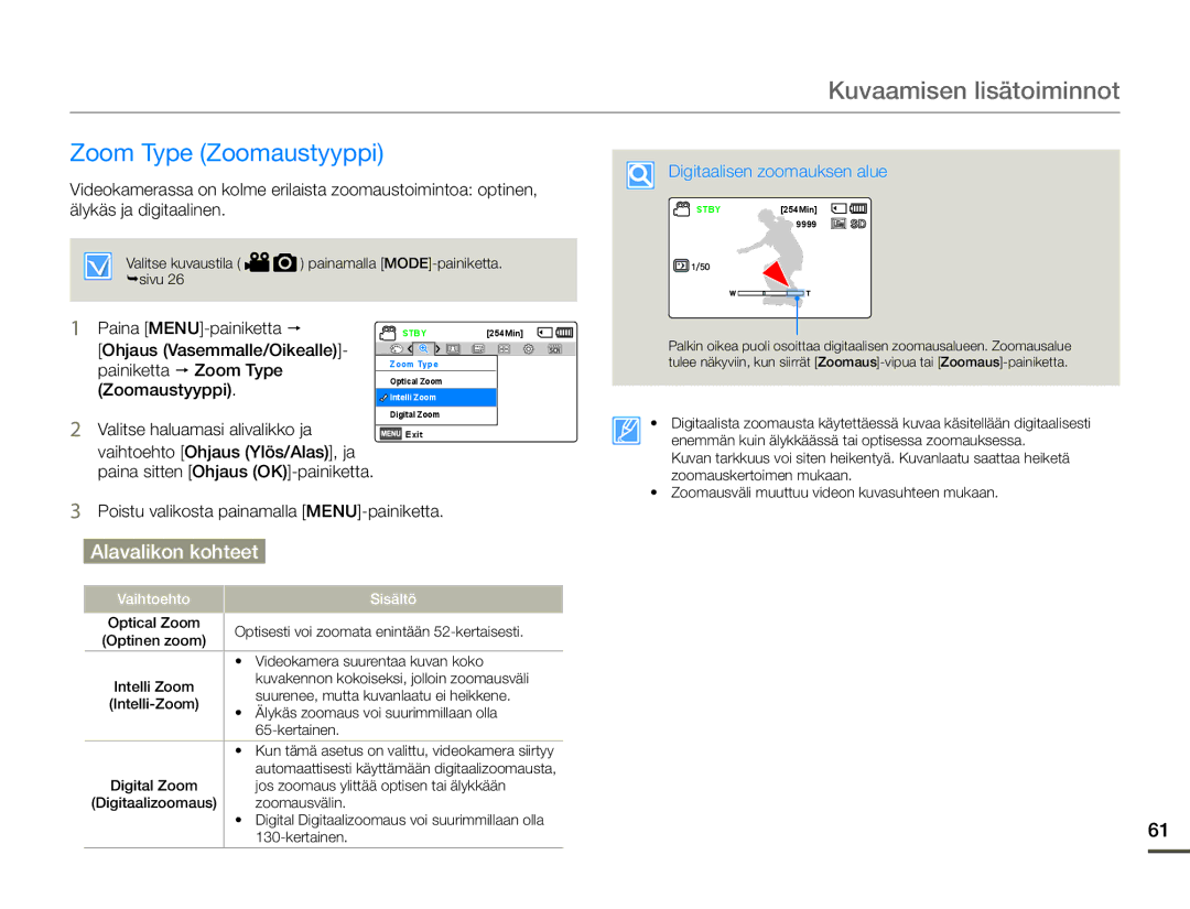 Samsung SMX-F70BP/EDC manual Zoom Type Zoomaustyyppi, Ohjaus Vasemmalle/Oikealle Painiketta p Zoom Type 