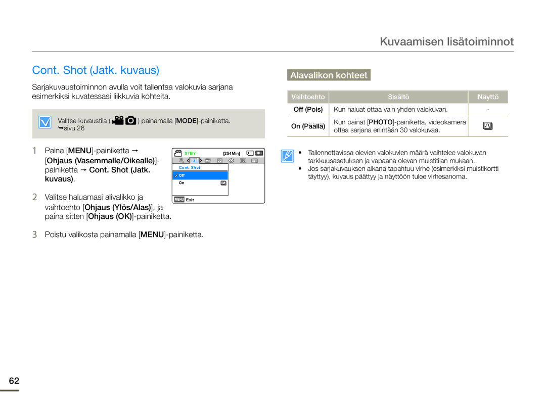 Samsung SMX-F70BP/EDC manual Cont. Shot Jatk. kuvaus 