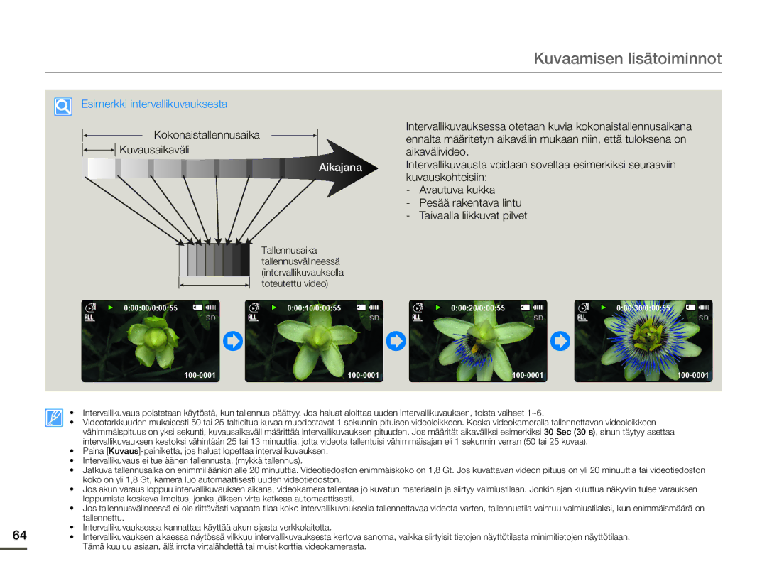 Samsung SMX-F70BP/EDC manual Kokonaistallennusaika Kuvausaikaväli, Aikajana 