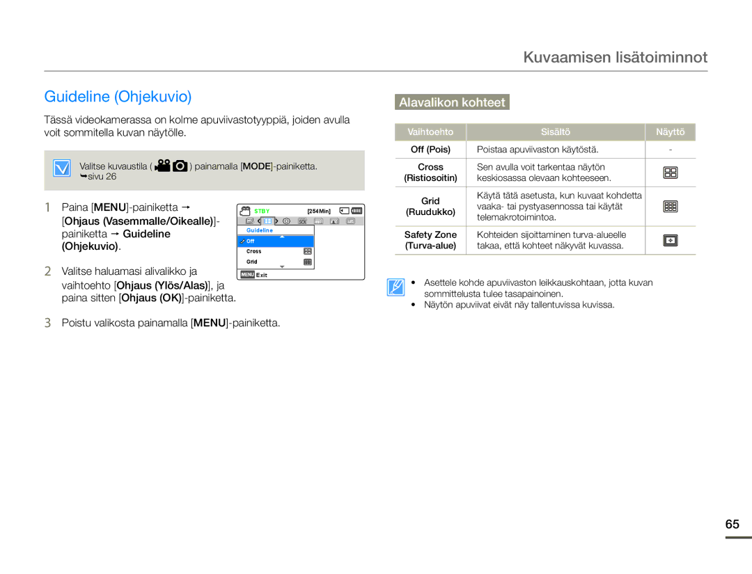 Samsung SMX-F70BP/EDC manual Guideline Ohjekuvio, Ohjaus Vasemmalle/Oikealle Painiketta p Guideline 