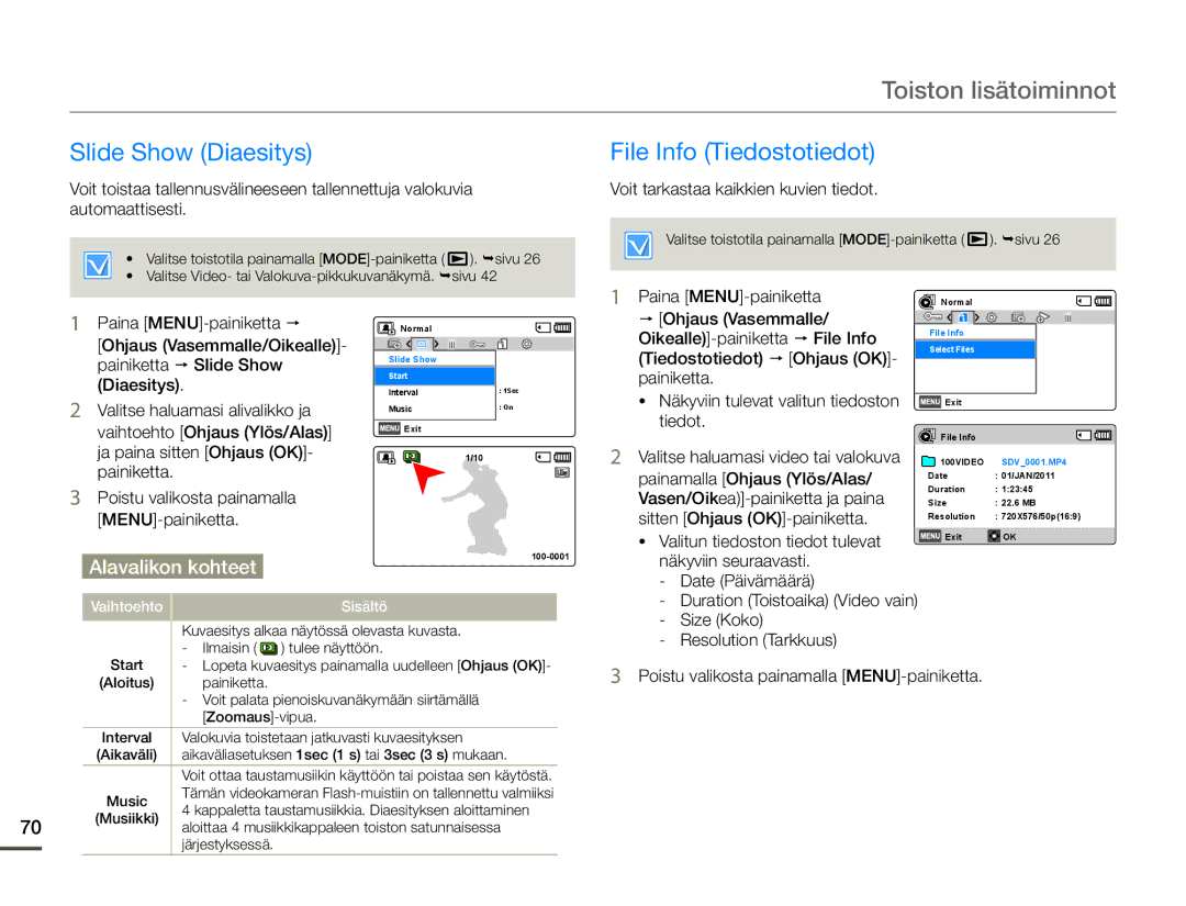 Samsung SMX-F70BP/EDC manual Slide Show Diaesitys File Info Tiedostotiedot 