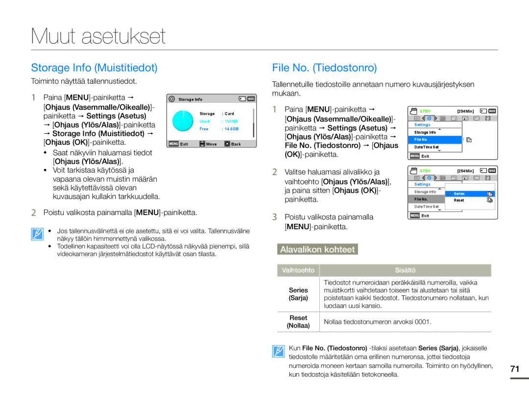 Samsung SMX-F70BP/EDC manual Muut asetukset, Storage Info Muistitiedot, File No. Tiedostonro 