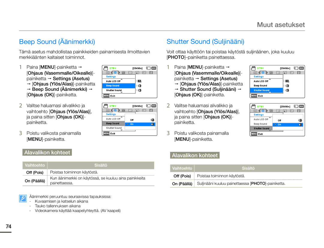 Samsung SMX-F70BP/EDC manual Beep Sound Äänimerkki, Shutter Sound Suljinääni 