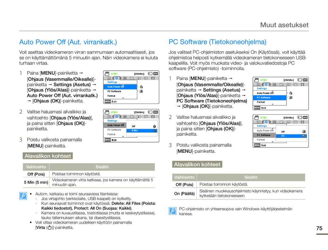 Samsung SMX-F70BP/EDC manual Auto Power Off Aut. virrankatk, PC Software Tietokoneohjelma 