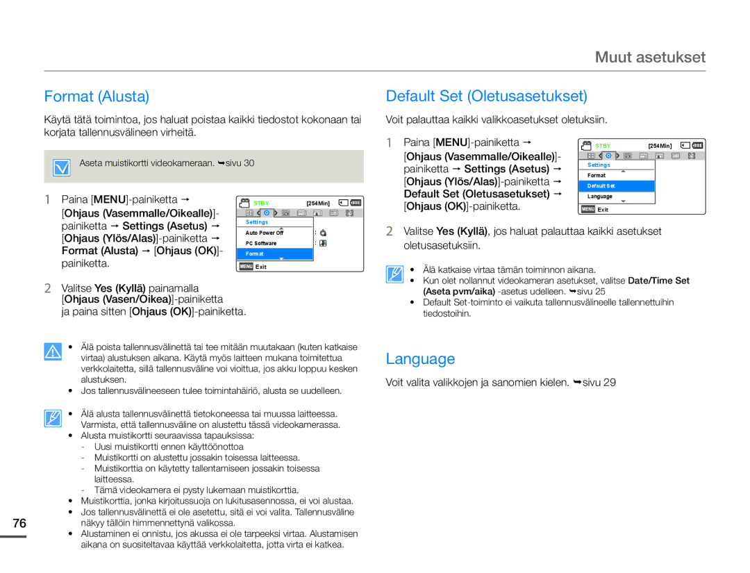 Samsung SMX-F70BP/EDC manual Format Alusta Default Set Oletusasetukset, Language 