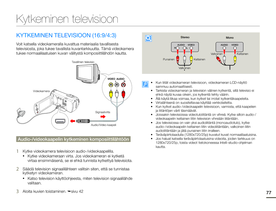 Samsung SMX-F70BP/EDC manual Kytkeminen televisioon, Kytkeminen Televisioon 169/43 