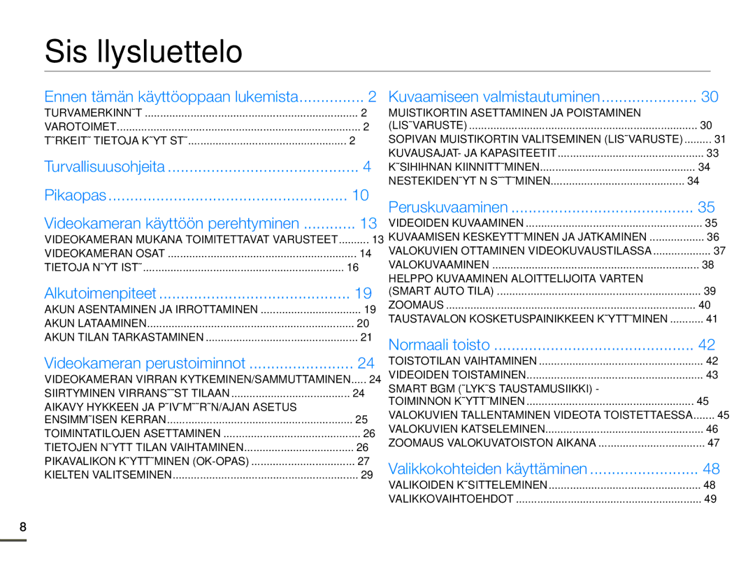 Samsung SMX-F70BP/EDC manual Sisällysluettelo, Videokameran perustoiminnot 