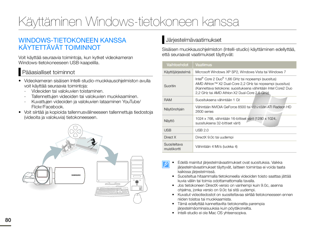 Samsung SMX-F70BP/EDC manual Käyttäminen Windows-tietokoneen kanssa, WINDOWS-TIETOKONEEN Kanssa Käytettävät Toiminnot 