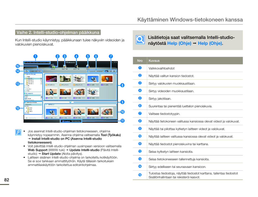 Samsung SMX-F70BP/EDC manual Vaihe 2. Intelli-studio-ohjelman pääikkuna, Siirtyy edelliseen tai seuraavaan kansioon 