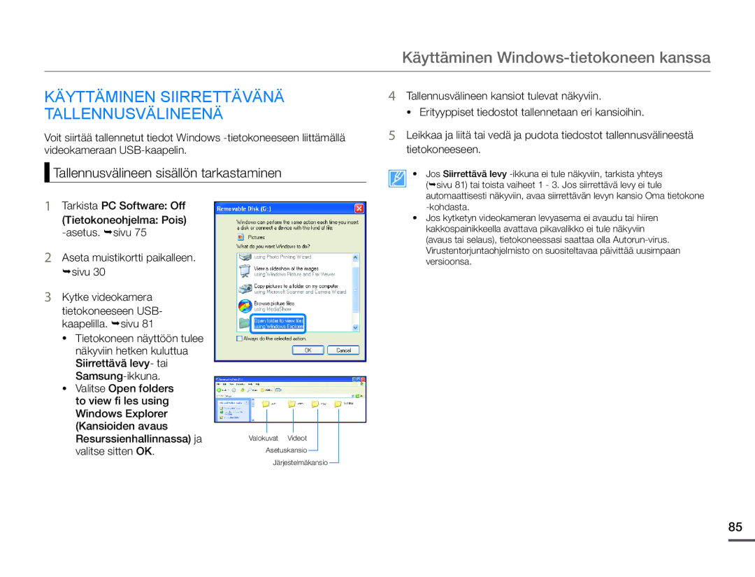 Samsung SMX-F70BP/EDC manual Käyttäminen Siirrettävänä Tallennusvälineenä, Tallennusvälineen sisällön tarkastaminen 