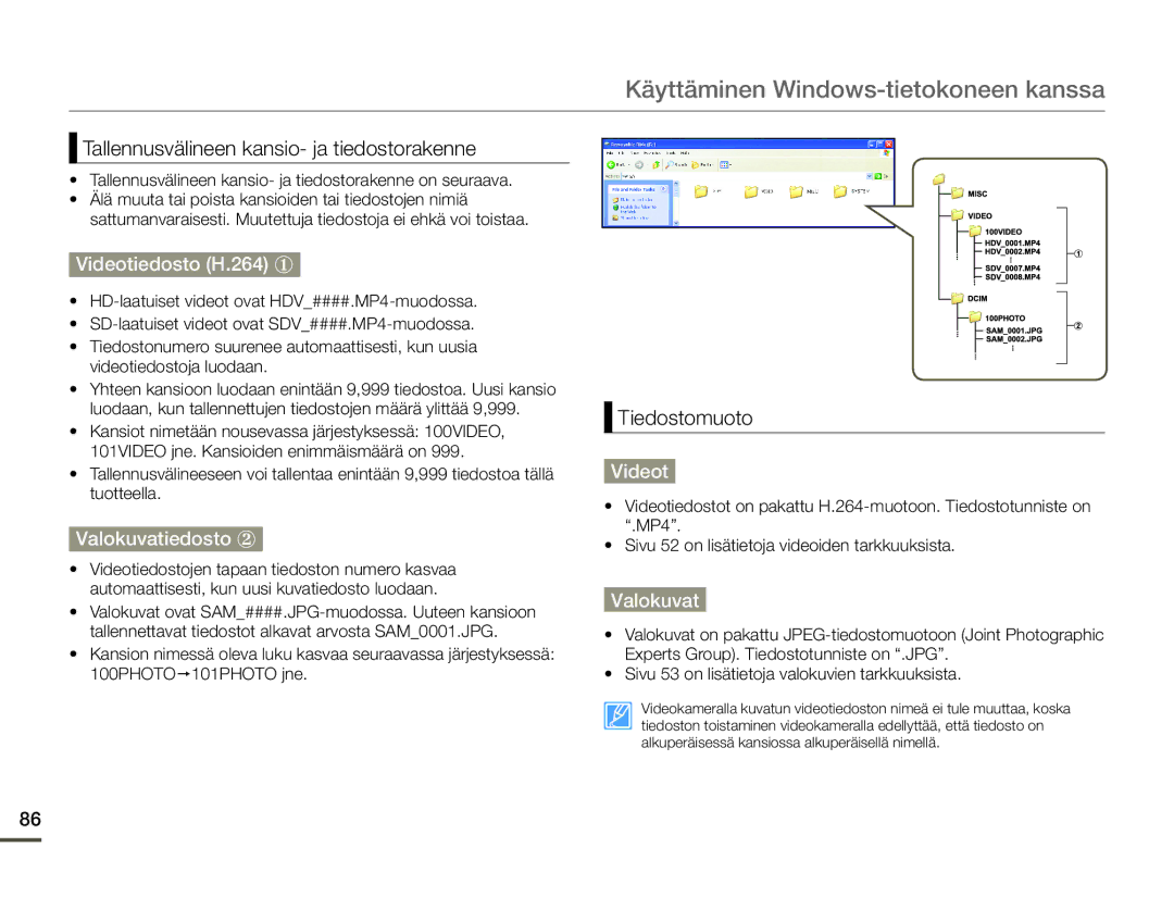 Samsung SMX-F70BP/EDC manual Videotiedosto H.264 ①, Valokuvatiedosto ② 