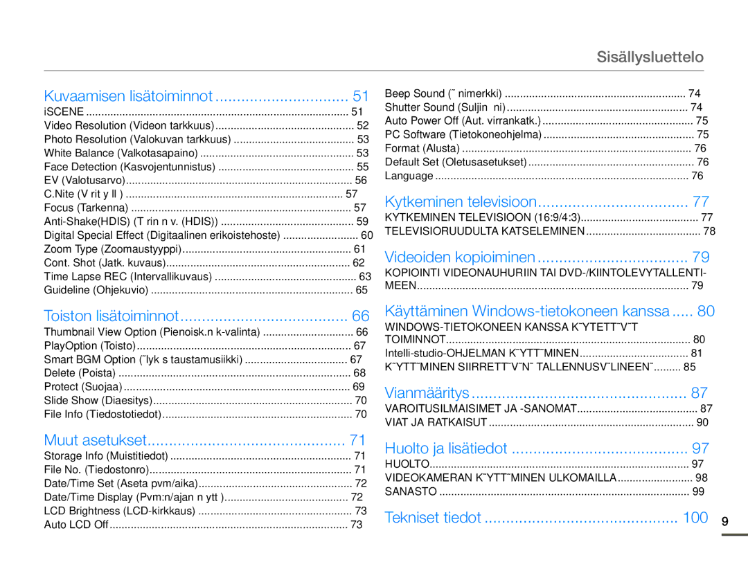 Samsung SMX-F70BP/EDC manual Sisällysluettelo, 100 