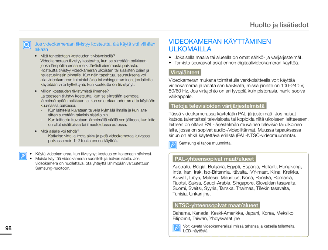 Samsung SMX-F70BP/EDC manual Huolto ja lisätiedot, Videokameran Käyttäminen Ulkomailla 