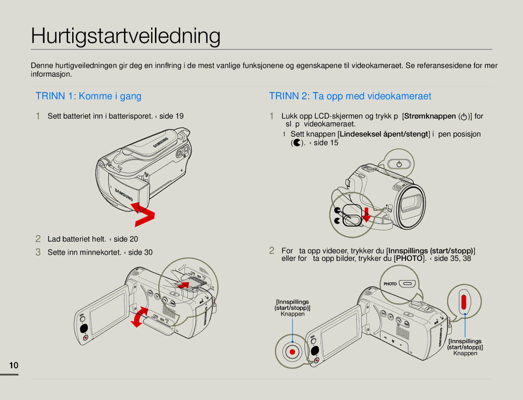 Samsung SMX-F70BP/EDC manual Hurtigstartveiledning, Trinn 1 Komme i gang 