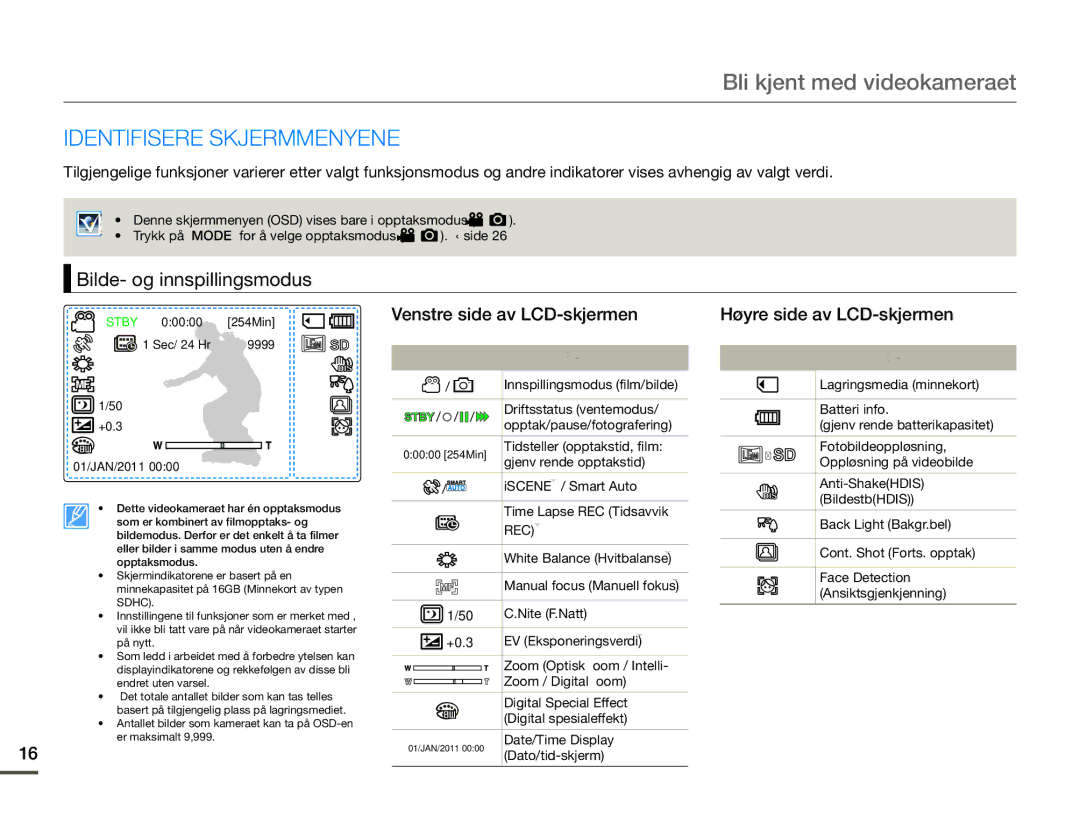 Samsung SMX-F70BP/EDC manual Identifisere Skjermmenyene, Bilde- og innspillingsmodus, Indikator Betydning 