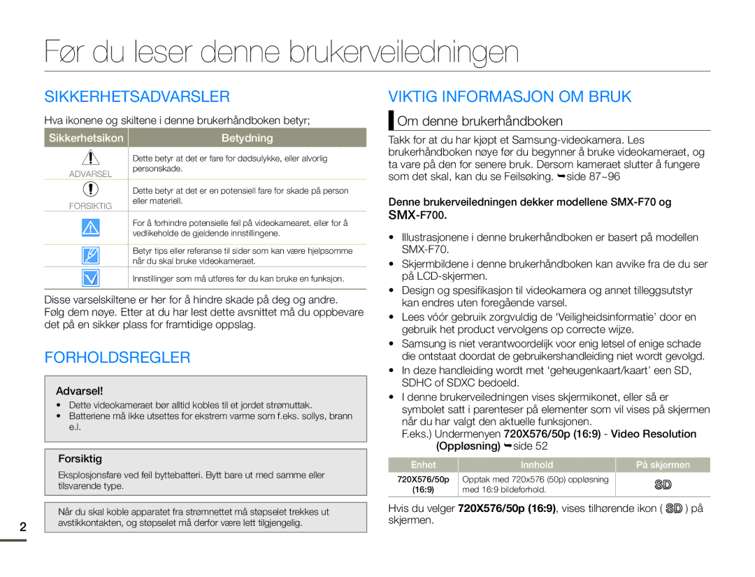 Samsung SMX-F70BP/EDC manual Før du leser denne brukerveiledningen, Sikkerhetsadvarsler, Viktig Informasjon OM Bruk 