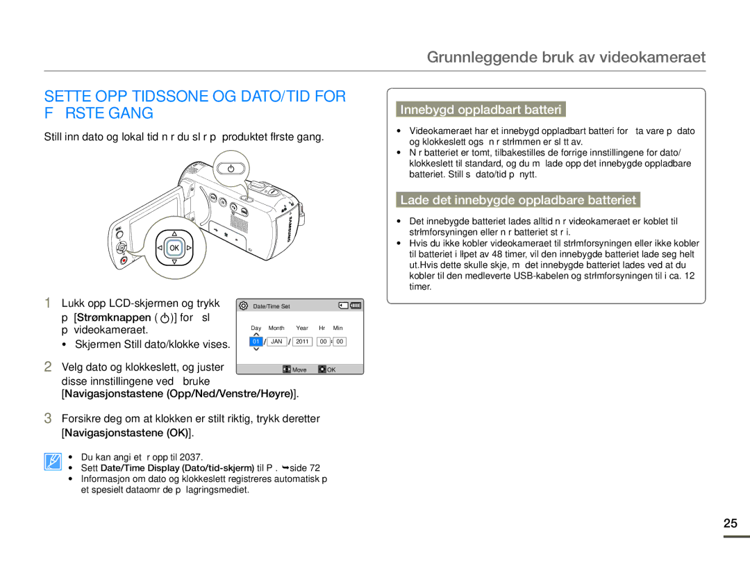 Samsung SMX-F70BP/EDC manual Grunnleggende bruk av videokameraet, Sette OPP Tidssone OG DATO/TID for Første Gang 