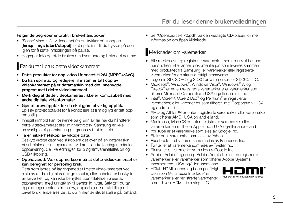 Samsung SMX-F70BP/EDC manual Før du leser denne brukerveiledningen, Før du tar i bruk dette videokameraet 