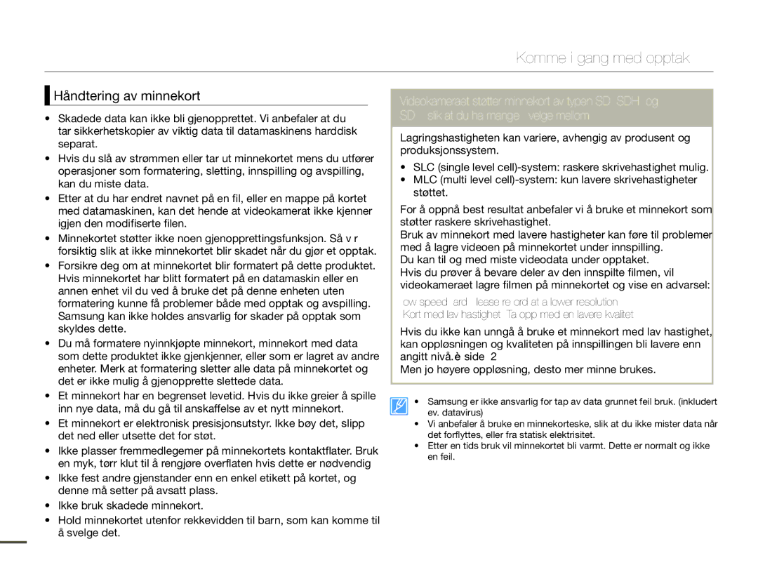 Samsung SMX-F70BP/EDC manual Håndtering av minnekort 