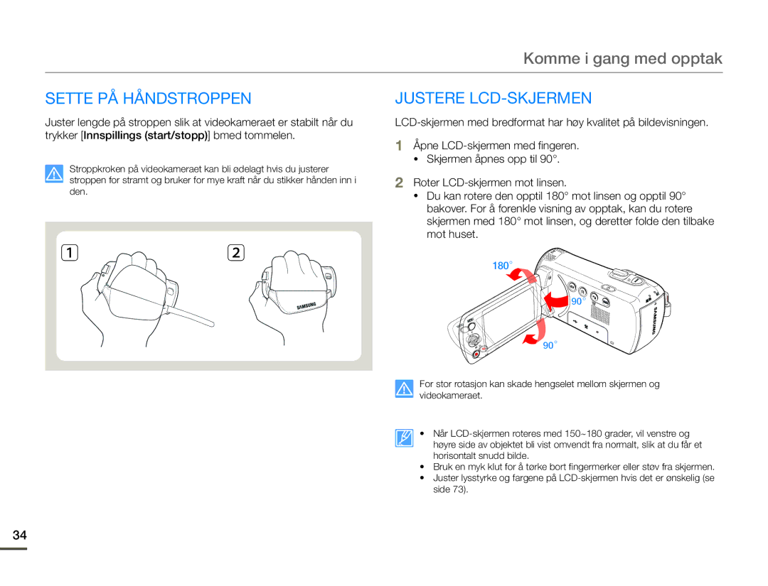 Samsung SMX-F70BP/EDC manual Sette PÅ Håndstroppen, Justere LCD-SKJERMEN 