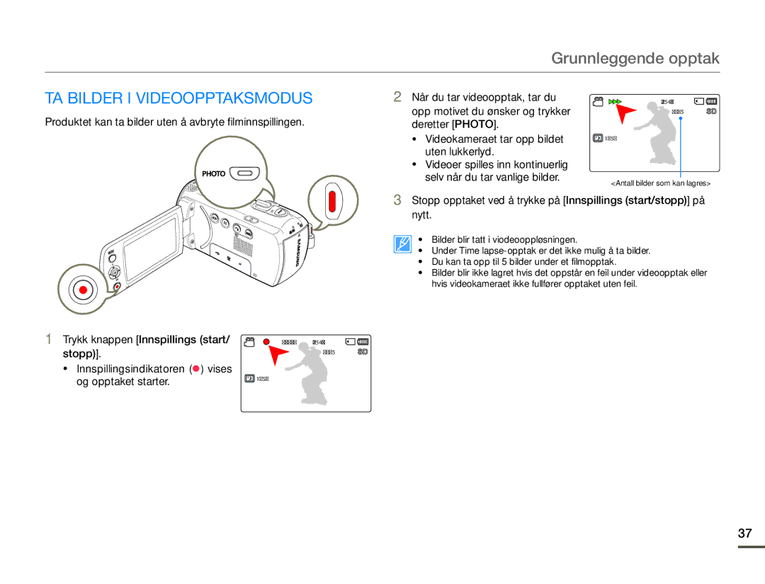 Samsung SMX-F70BP/EDC manual TA Bilder I Videoopptaksmodus, Trykk knappen Innspillings start, Stopp 