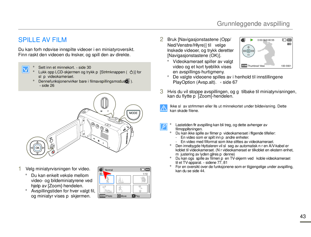 Samsung SMX-F70BP/EDC Grunnleggende avspilling, Spille AV Film, Bruk Navigasjonstastene Opp, En avspillings-hurtigmeny 