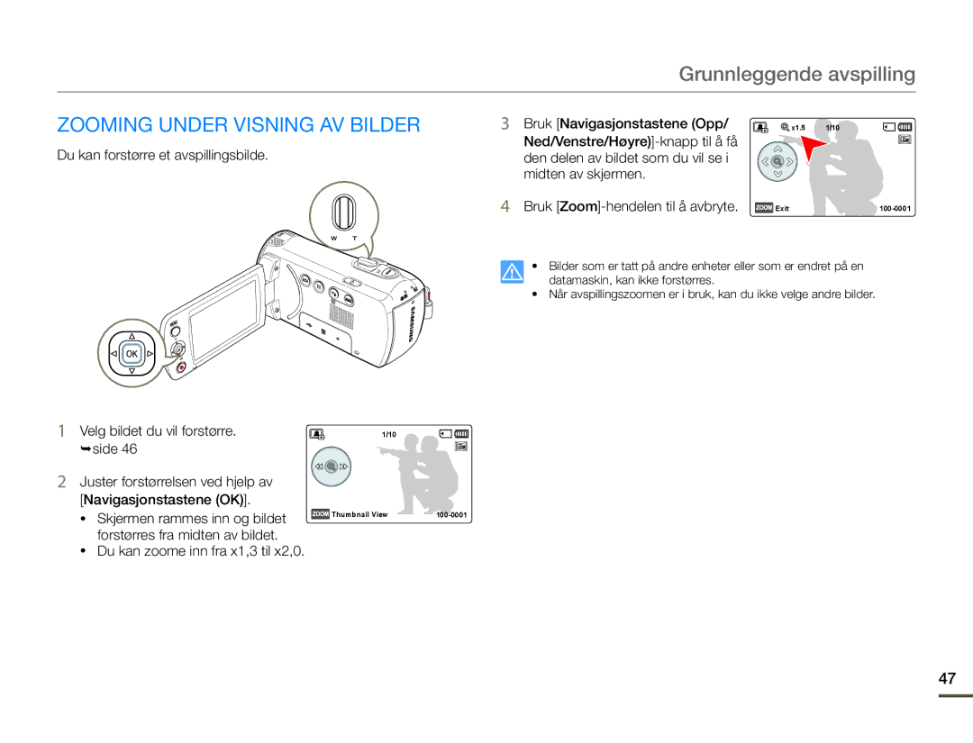 Samsung SMX-F70BP/EDC manual Zooming Under Visning AV Bilder, Bruk Navigasjonstastene Opp 