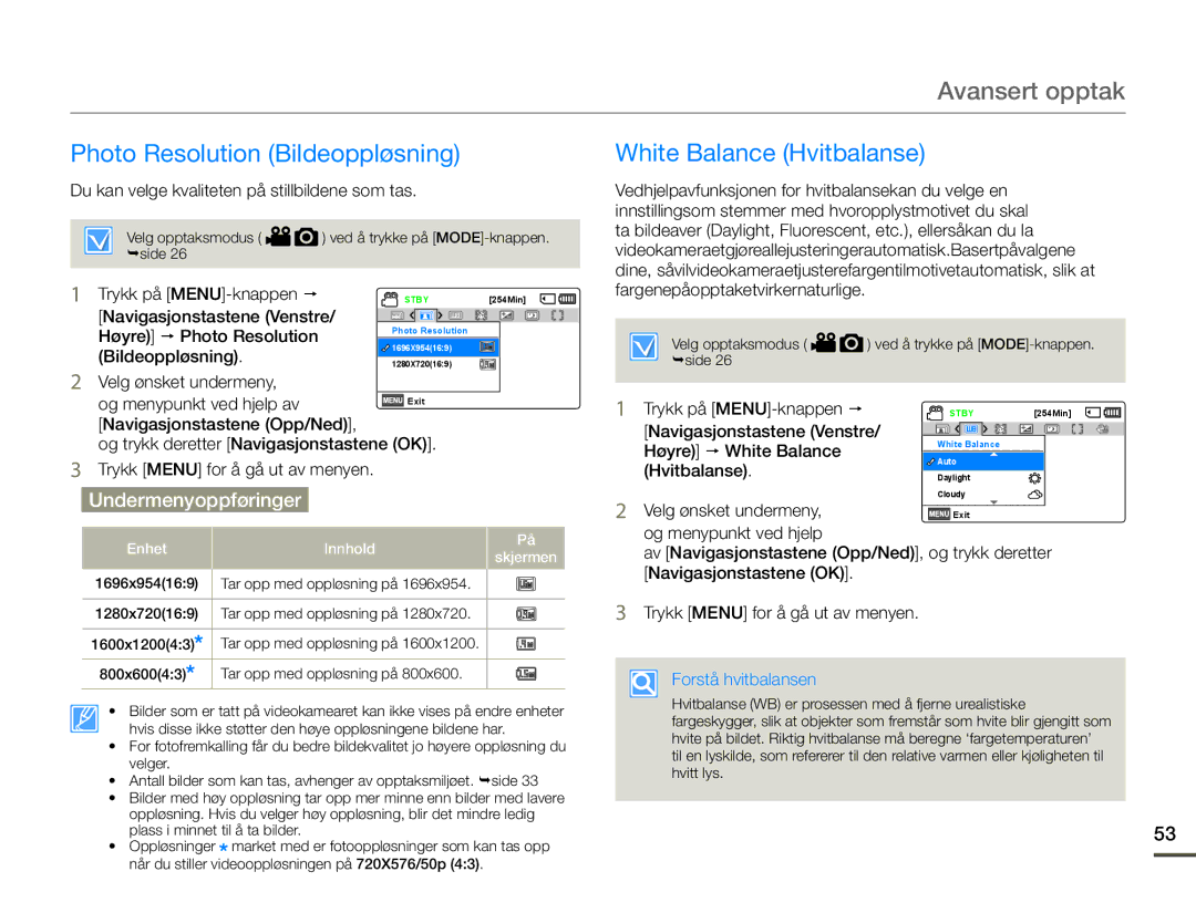 Samsung SMX-F70BP/EDC manual Photo Resolution Bildeoppløsning, White Balance Hvitbalanse 