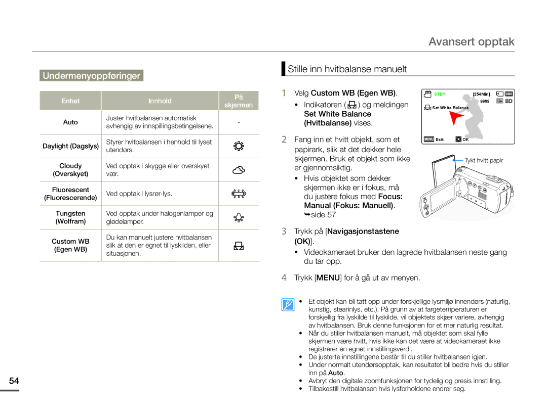 Samsung SMX-F70BP/EDC manual Stille inn hvitbalanse manuelt 